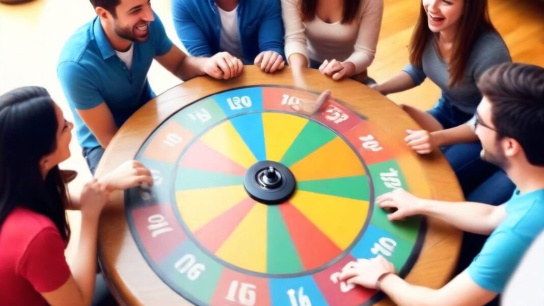 Fun playing wheel spinning game with friends
